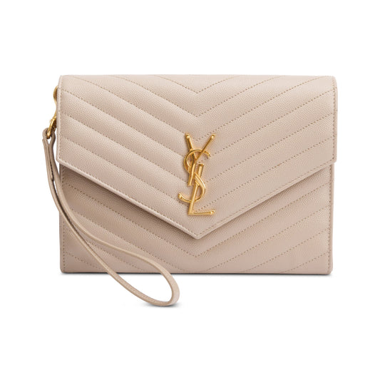 Saint Laurent 2021 Beige Grain de Poudre Matelasse Leather Cassandre Flap Wristlet Pouch