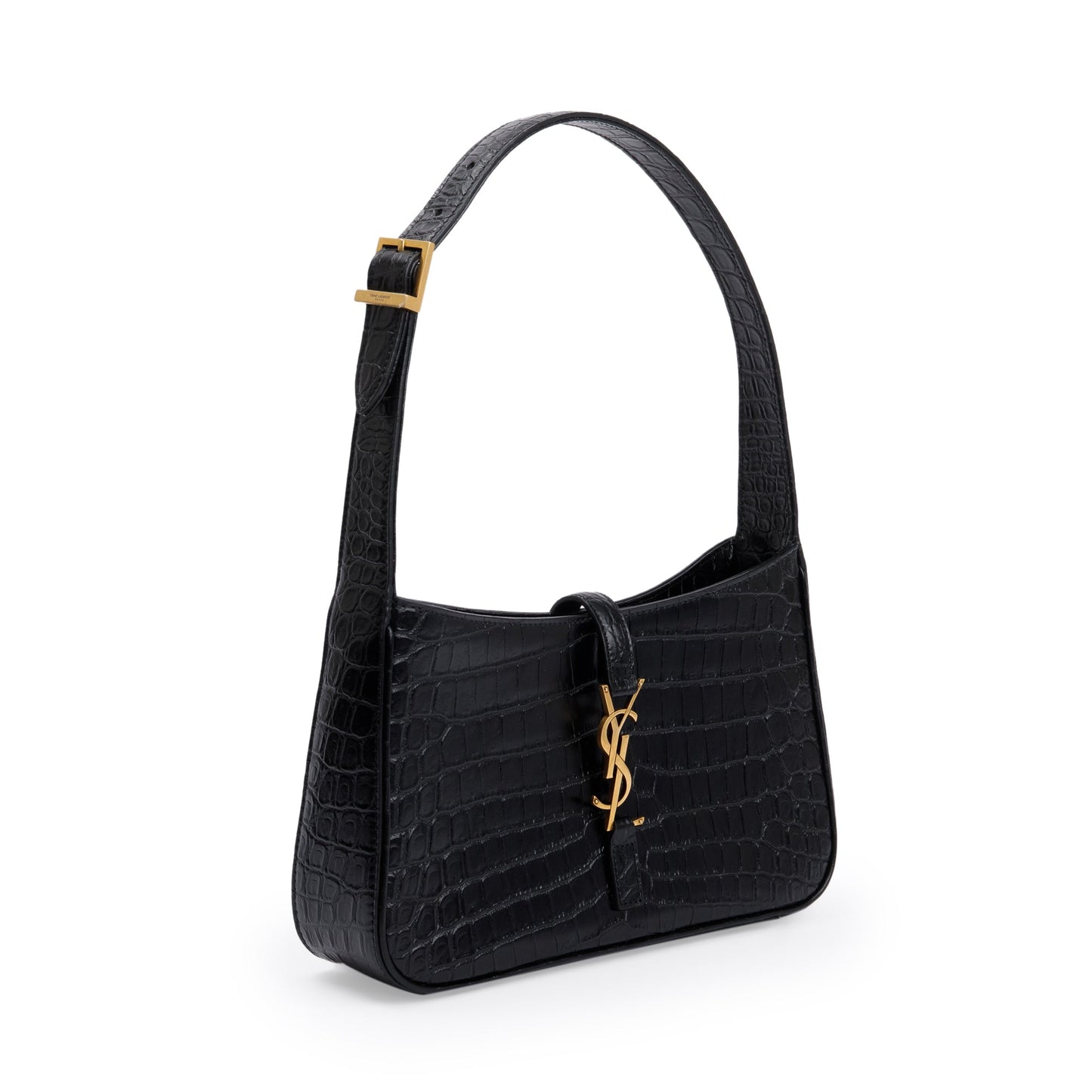 Saint Laurent 2021 Black Croc Embossed Shiny Leather Le 5 A 7 Hobo Bag