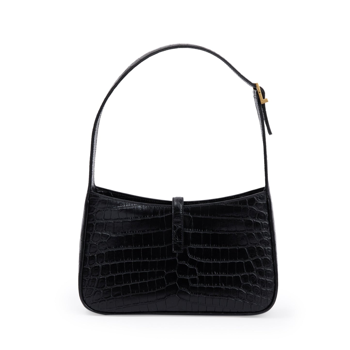 Saint Laurent 2021 Black Croc Embossed Shiny Leather Le 5 A 7 Hobo Bag