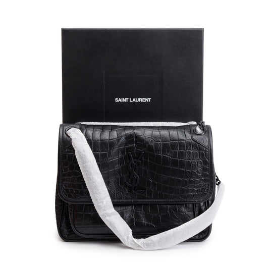 Saint Laurent 2021 Black Crocodile Embossed Calfskin Leather Medium Niki Shoulder Bag