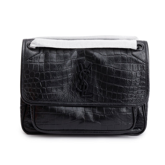 Saint Laurent 2021 Black Crocodile Embossed Calfskin Leather Medium Niki Shoulder Bag