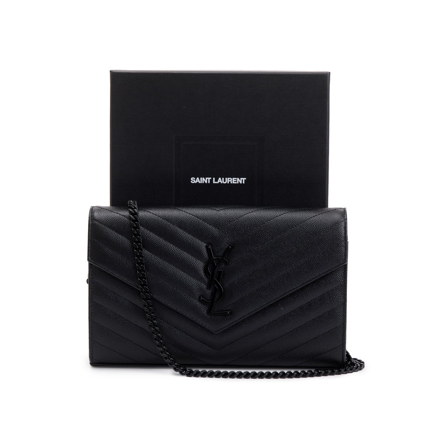 Saint Laurent 2021 Black Grained de Poudre Cassandre Matelasse Chain Wallet