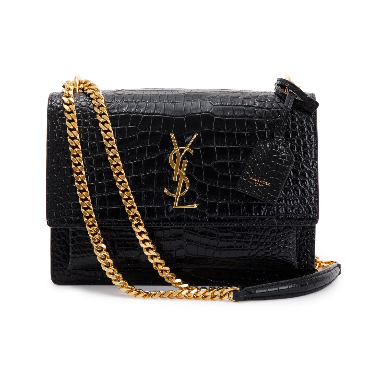 Saint Laurent 2021 Black Medium Crocodile Embossed Sunset Bag