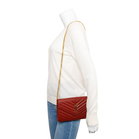 Saint Laurent 2021 Burgundy Grain De Poudre Leather Cassandre Matelasse Chain Wallet
