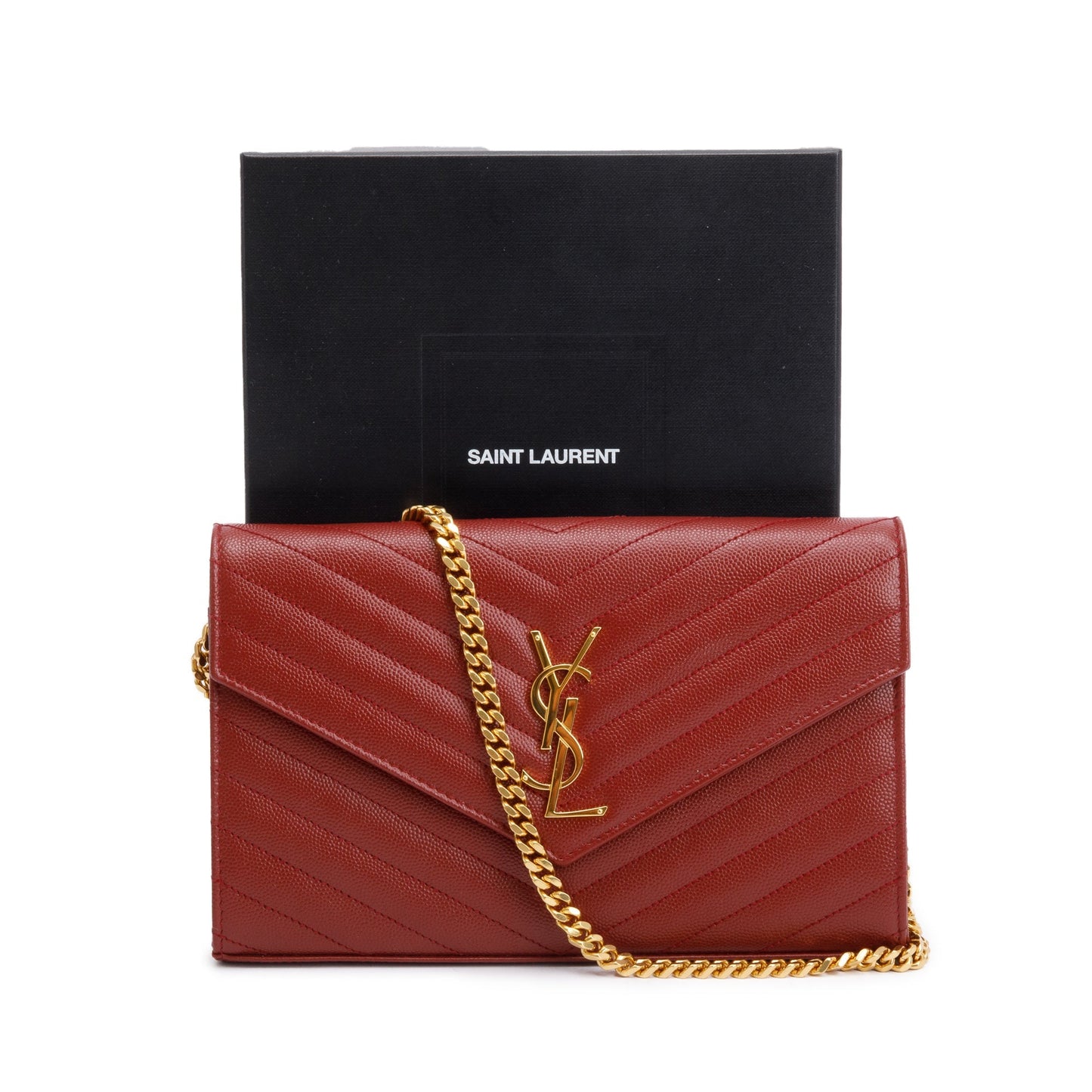 Saint Laurent 2021 Burgundy Grain De Poudre Leather Cassandre Matelasse Chain Wallet