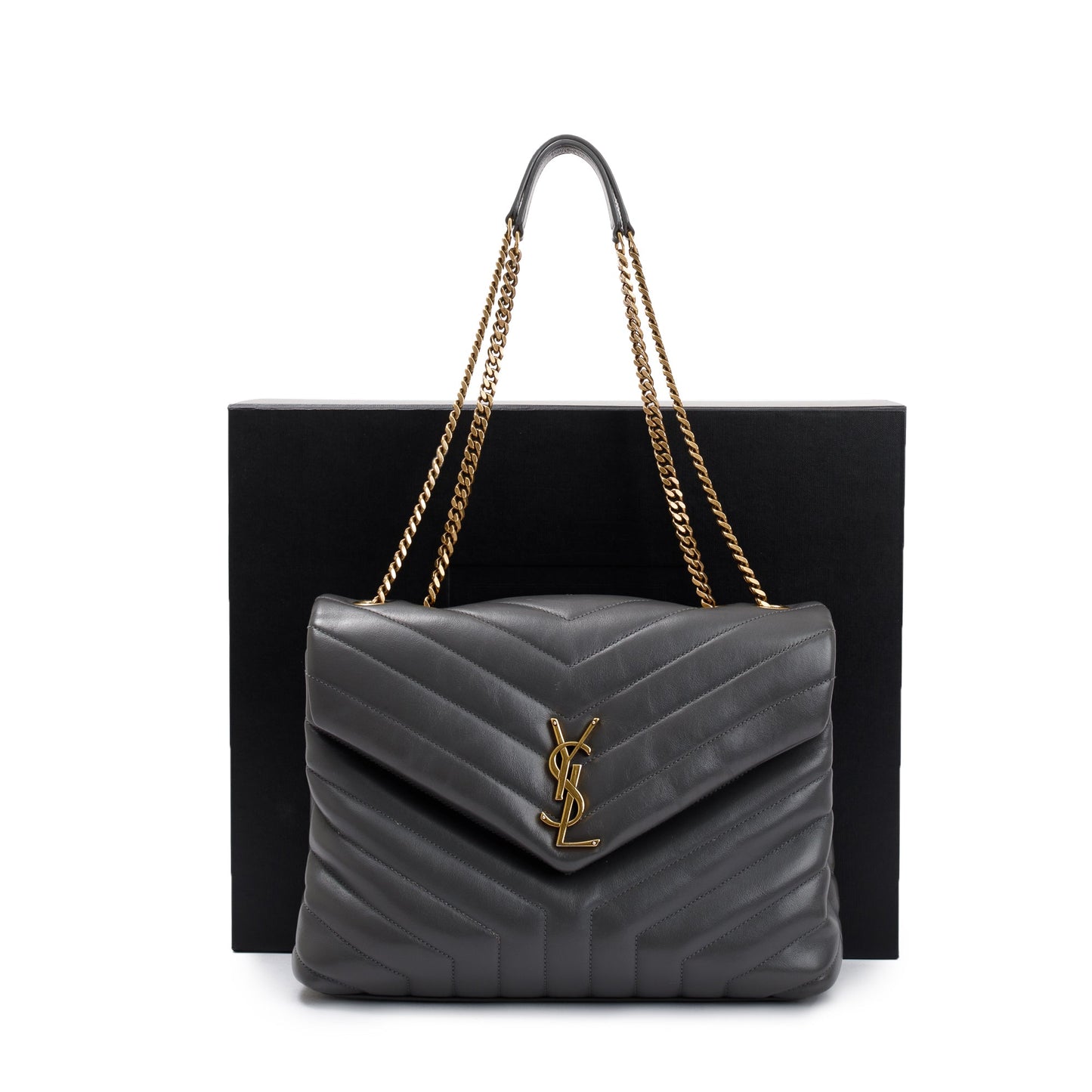 Saint Laurent 2021 Grey Calfskin Leather Medium Loulou Monogram Shoulder Bag