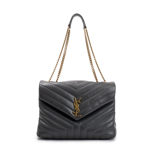 Saint Laurent 2021 Grey Calfskin Leather Medium Loulou Monogram Shoulder Bag