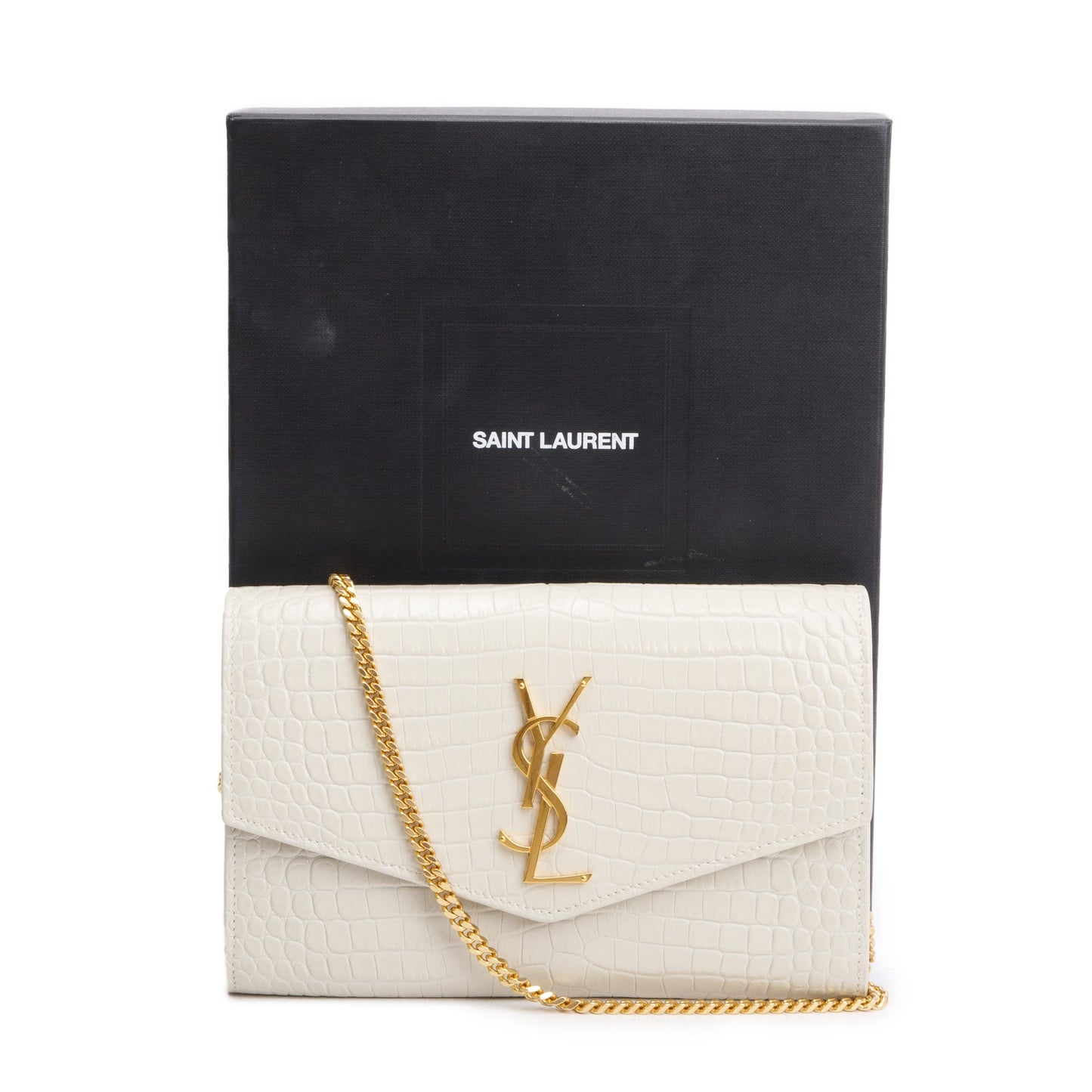Saint Laurent 2021 Neutral Crocodile Embossed Leather Uptown Chain Wallet