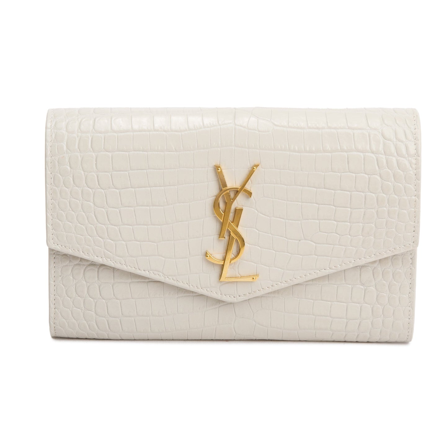 Saint Laurent 2021 Neutral Crocodile Embossed Leather Uptown Chain Wallet