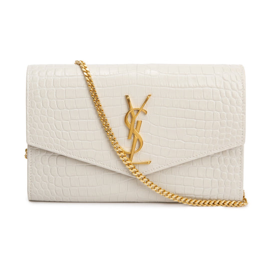 Saint Laurent 2021 Neutral Crocodile Embossed Leather Uptown Chain Wallet