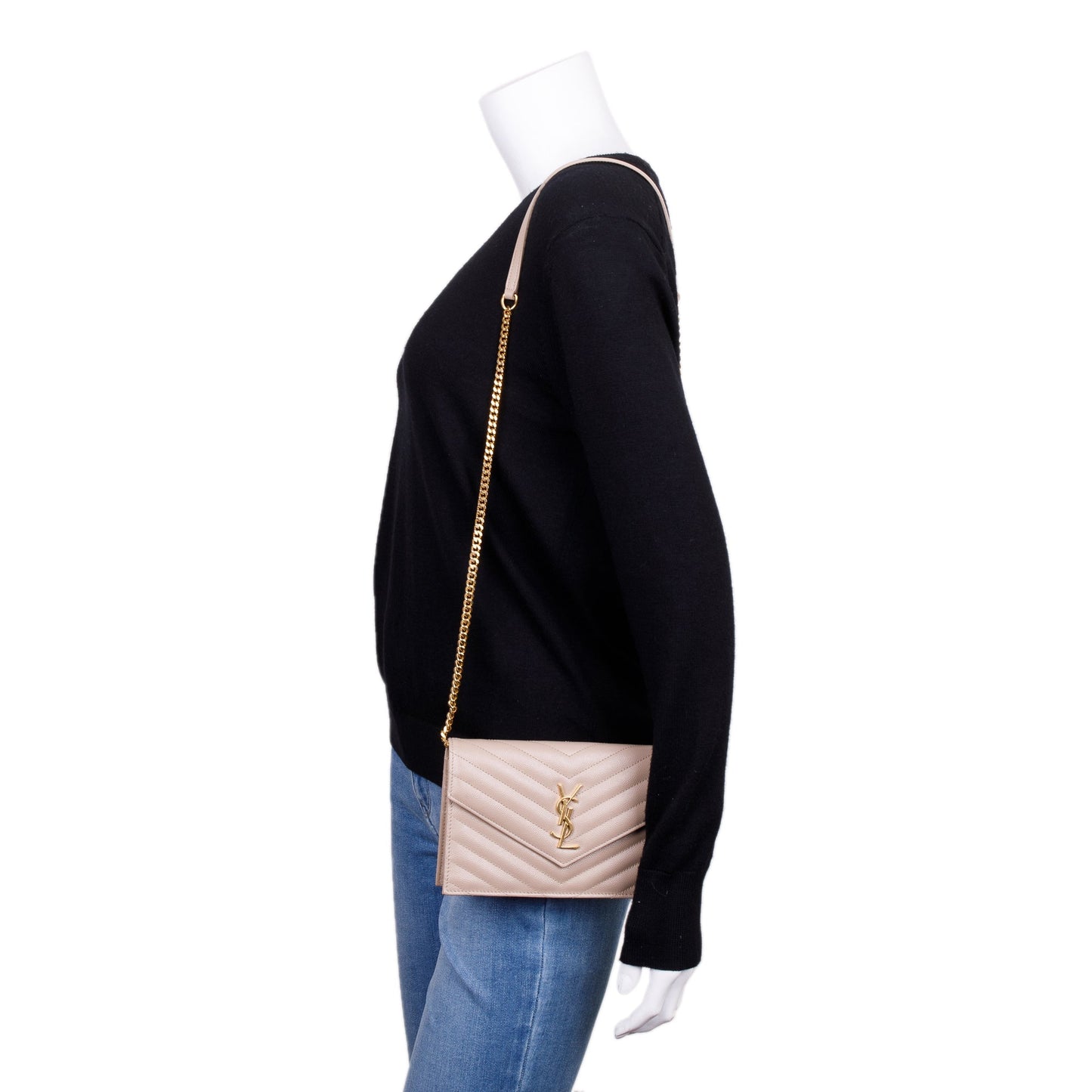 Saint Laurent 2022 Beige Cassandre Matelasse Envelope Chain Wallet