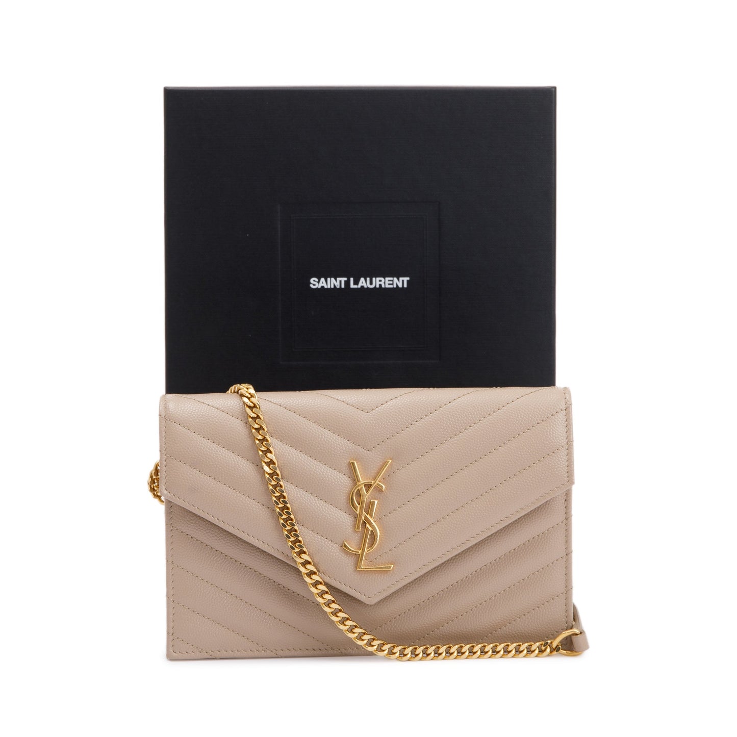 Saint Laurent 2022 Beige Cassandre Matelasse Envelope Chain Wallet