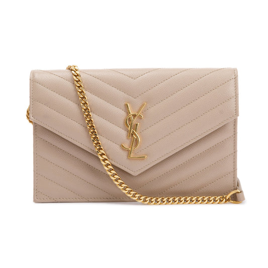 Saint Laurent 2022 Beige Cassandre Matelasse Envelope Chain Wallet