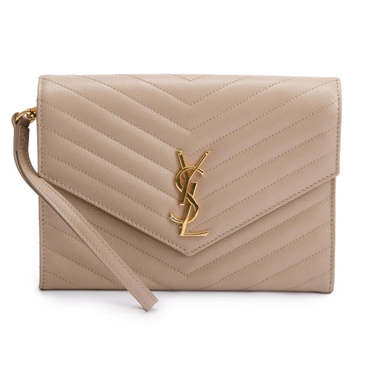 Saint Laurent 2022 Beige Grain De Poudre Matelasse Cassandre Flap Pouch