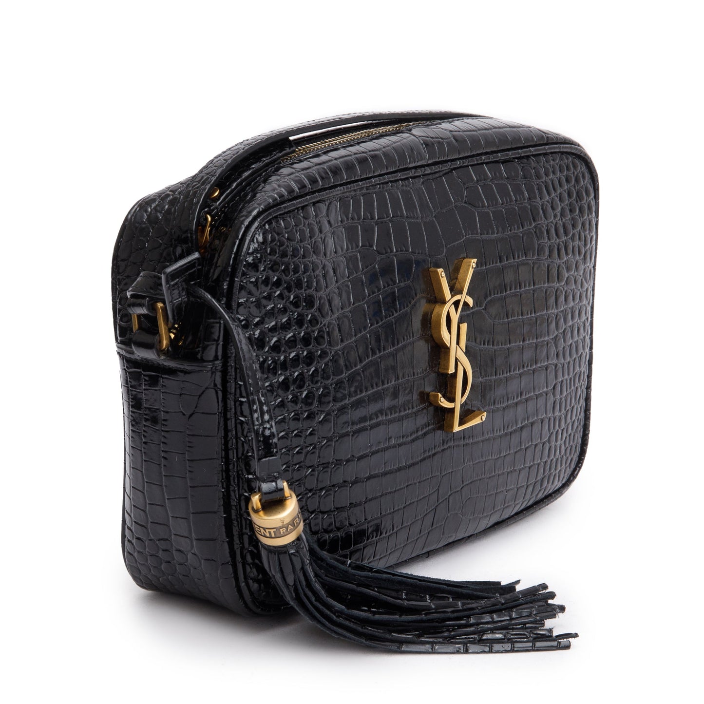 Saint Laurent 2022 Black Croc Embossed Patent Leather Lou Camera Bag