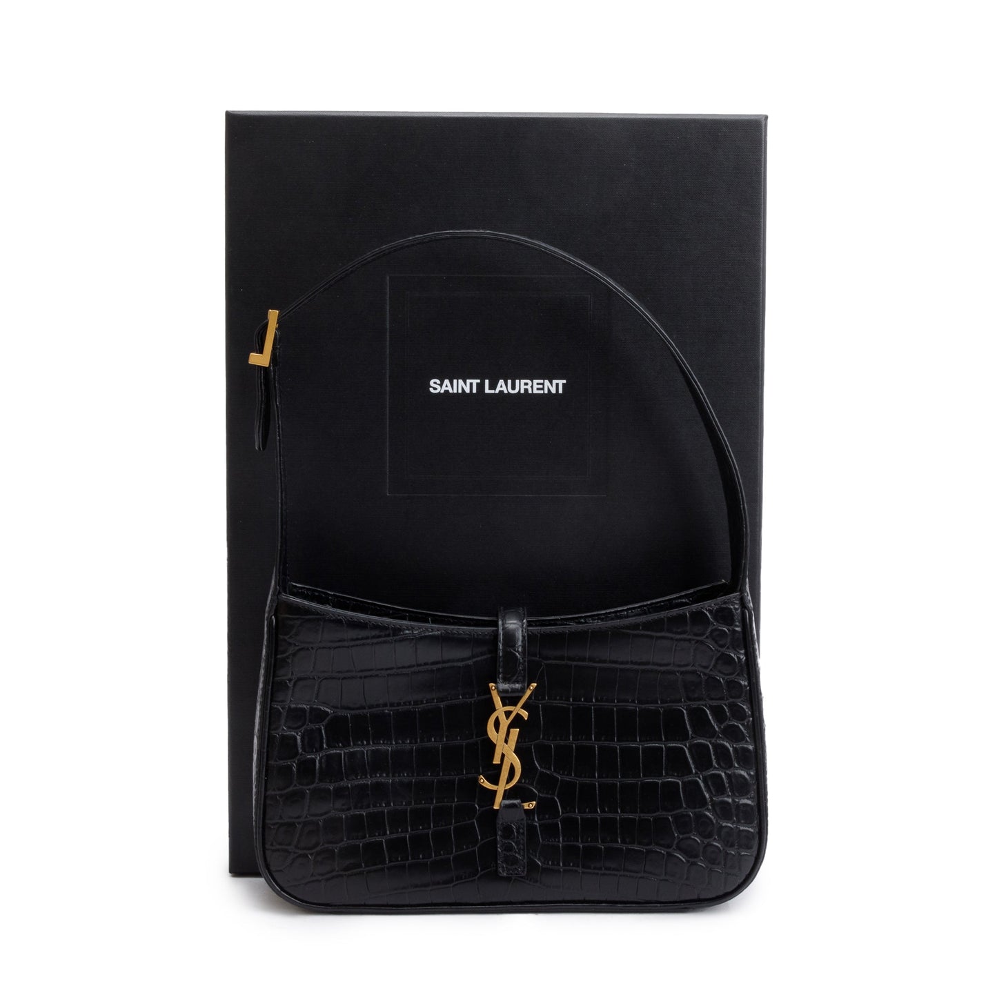 Saint Laurent 2022 Black Croc Embossed Shiny Leather Le 5 A 7 Hobo Bag