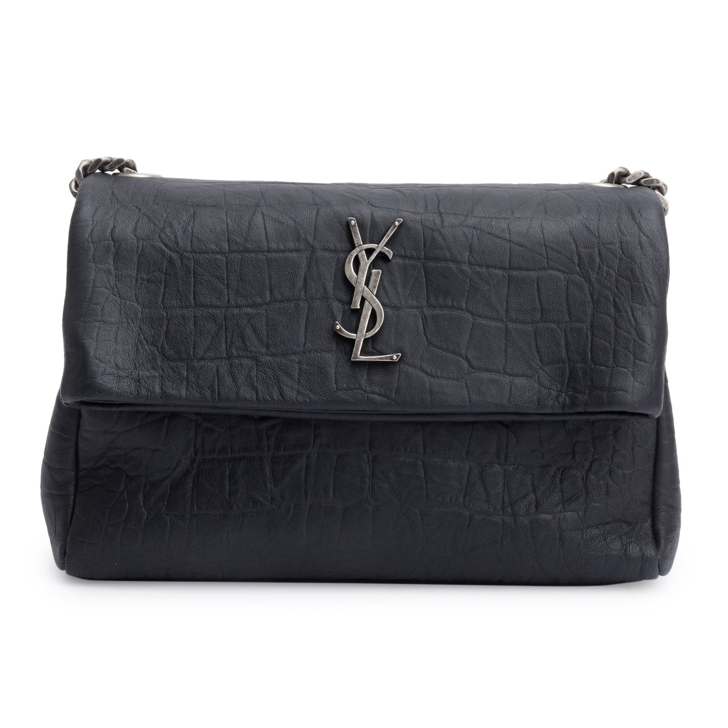 Saint Laurent 2022 Black Crocodile Embossed Calfskin Leather Medium Monogram West Hollywood Fold-Over Bag