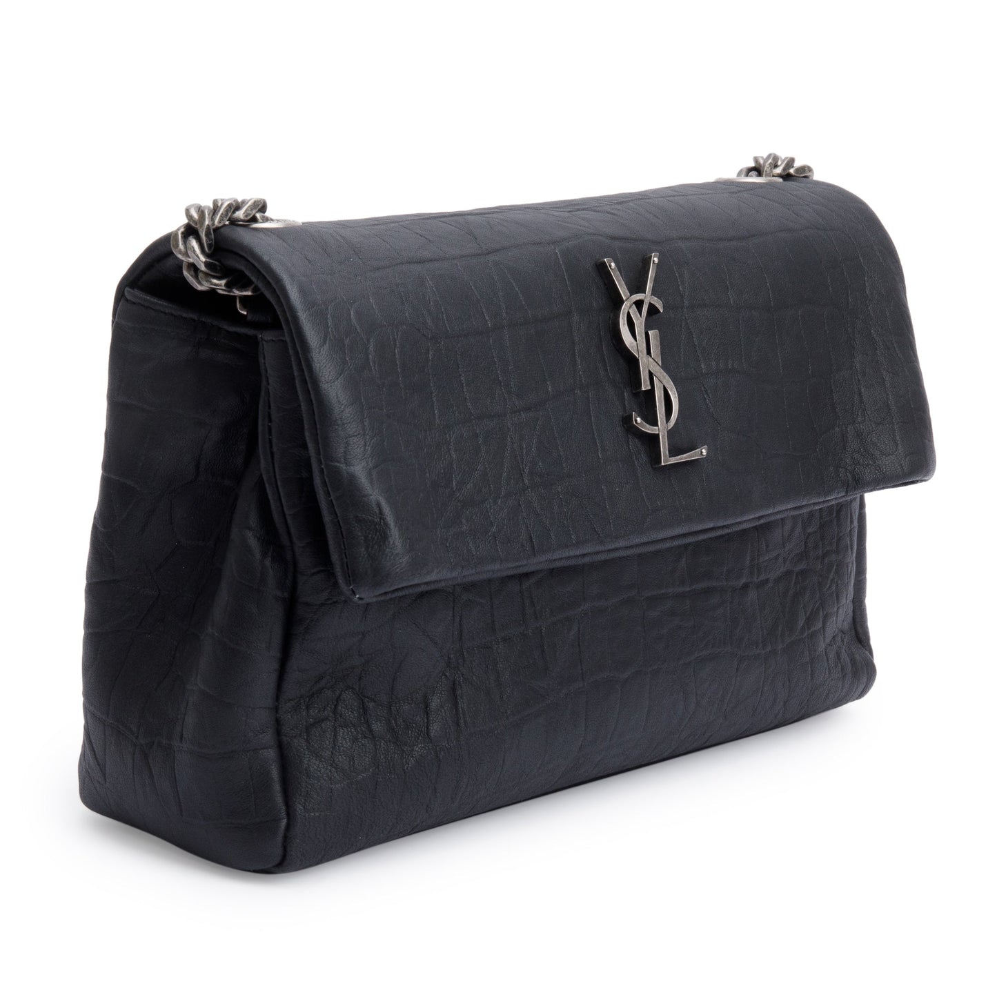Saint Laurent 2022 Black Crocodile Embossed Calfskin Leather Medium Monogram West Hollywood Fold-Over Bag