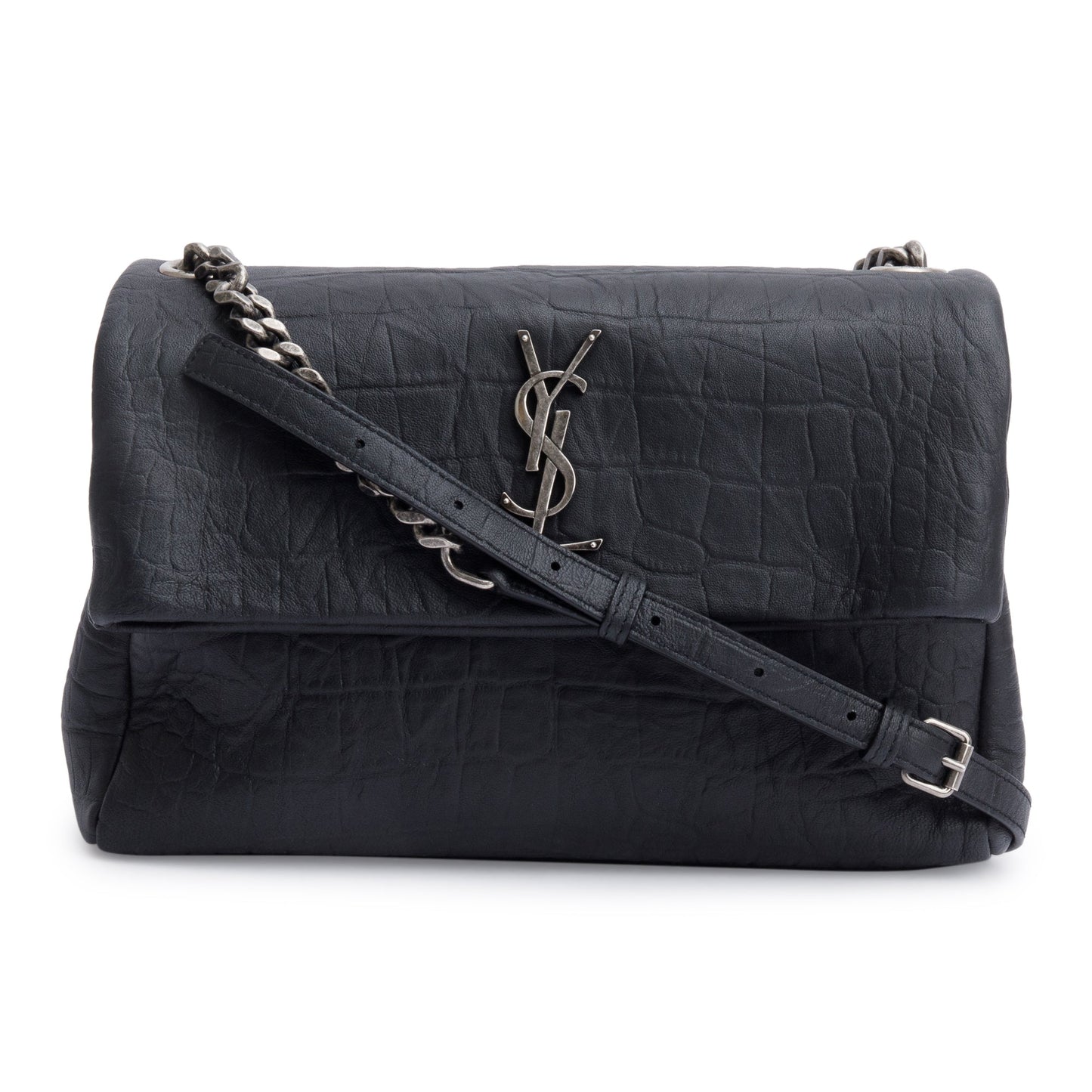 Saint Laurent 2022 Black Crocodile Embossed Calfskin Leather Medium Monogram West Hollywood Fold-Over Bag