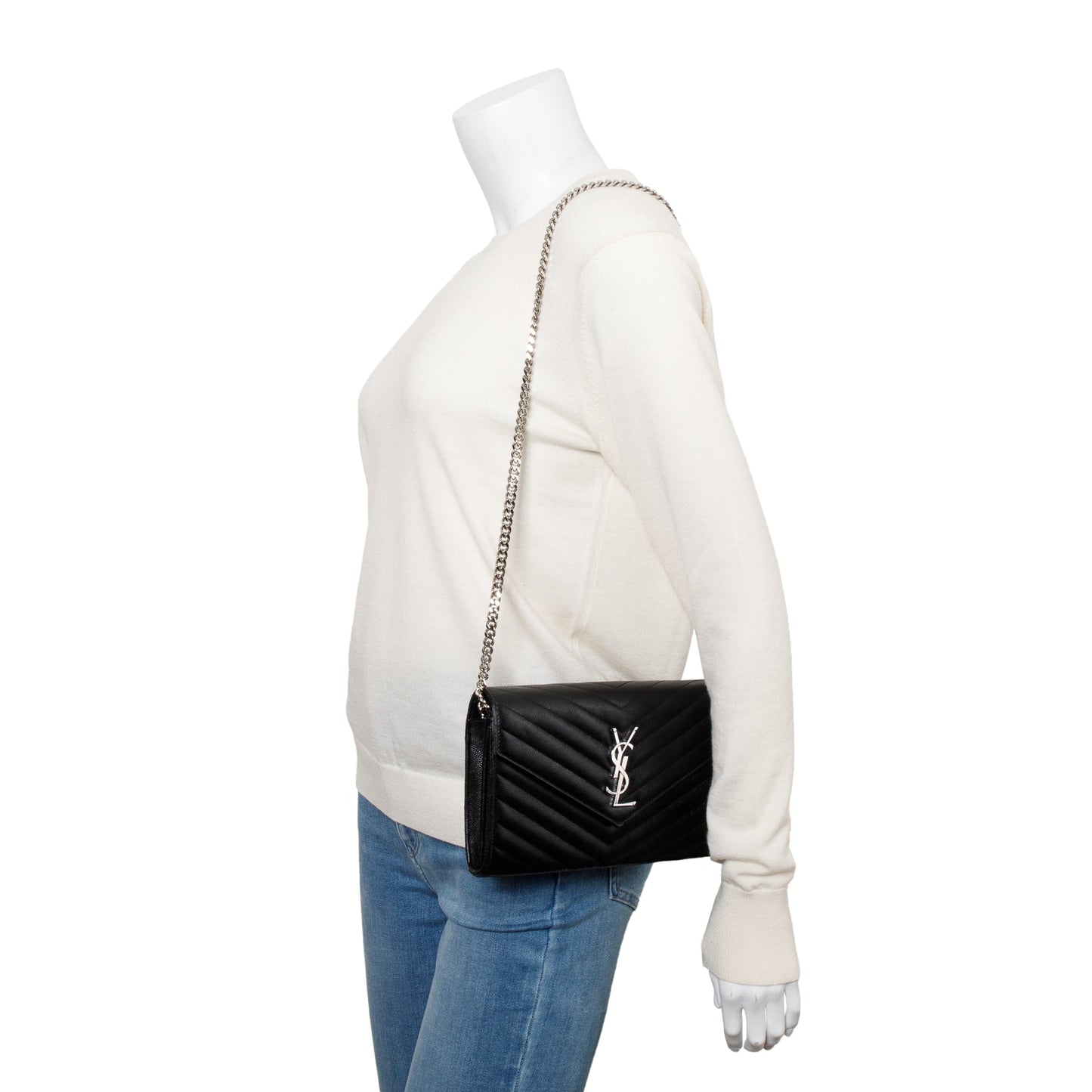 Saint Laurent 2022 Black Grain De Poudre Cassandre Envelope Chain Wallet