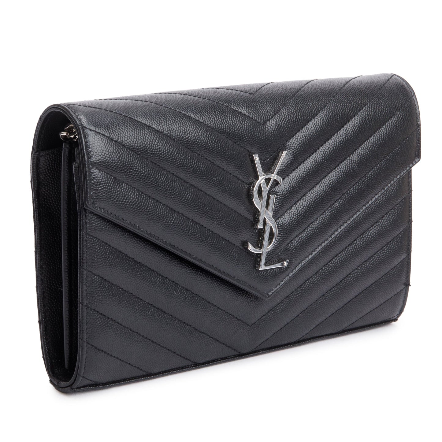 Saint Laurent 2022 Black Grain De Poudre Cassandre Envelope Chain Wallet
