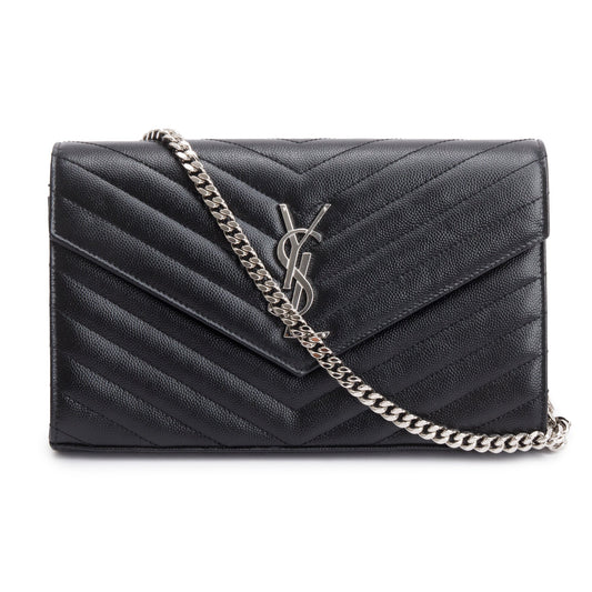 Saint Laurent 2022 Black Grain De Poudre Cassandre Envelope Chain Wallet
