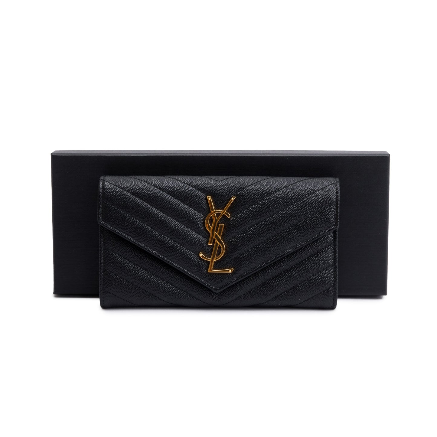 Saint Laurent 2022 Black Grain De Poudre Leather Cassandre Matelasse Large Flap Wallet