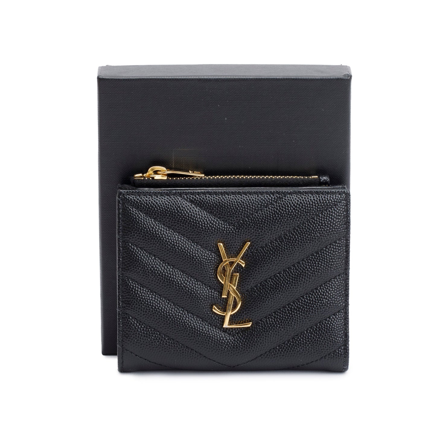 Saint Laurent 2022 Black Grain de Poudre Leather Cassandre Matelasse Bi-Fold Wallet