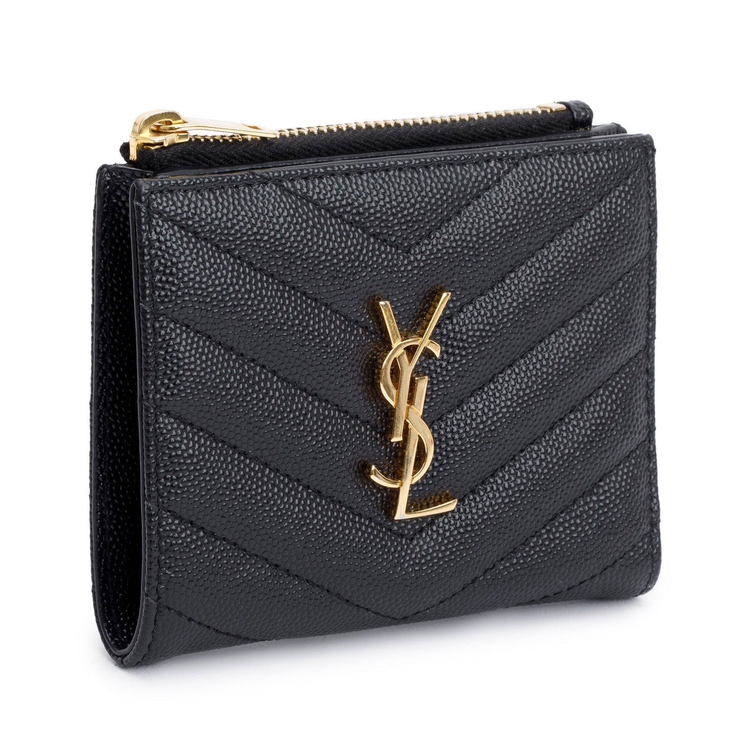 Saint Laurent 2022 Black Grain de Poudre Leather Cassandre Matelasse Bi-Fold Wallet