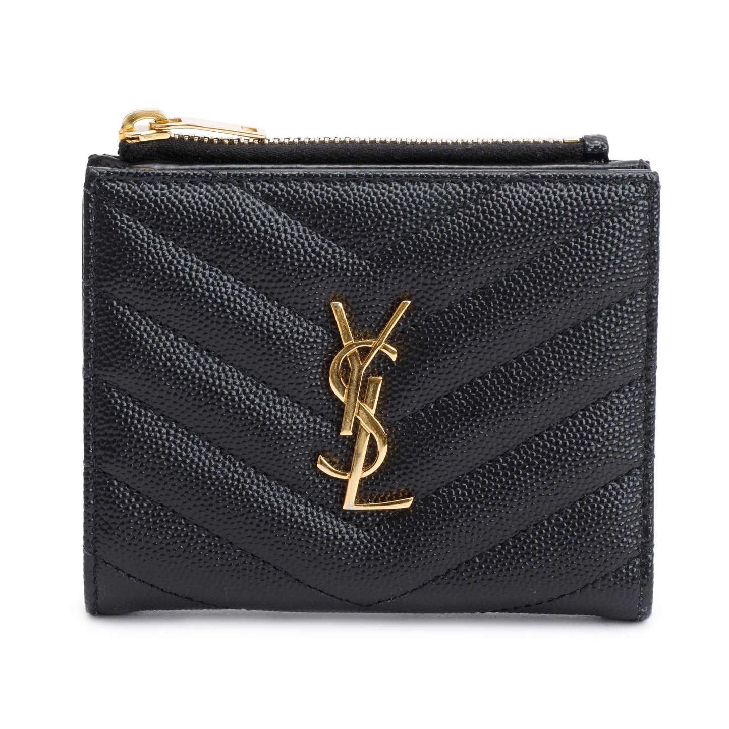 Saint Laurent 2022 Black Grain de Poudre Leather Cassandre Matelasse Bi-Fold Wallet