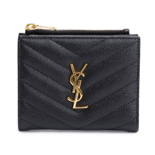 Saint Laurent 2022 Black Grain de Poudre Leather Cassandre Matelasse Bi-Fold Wallet