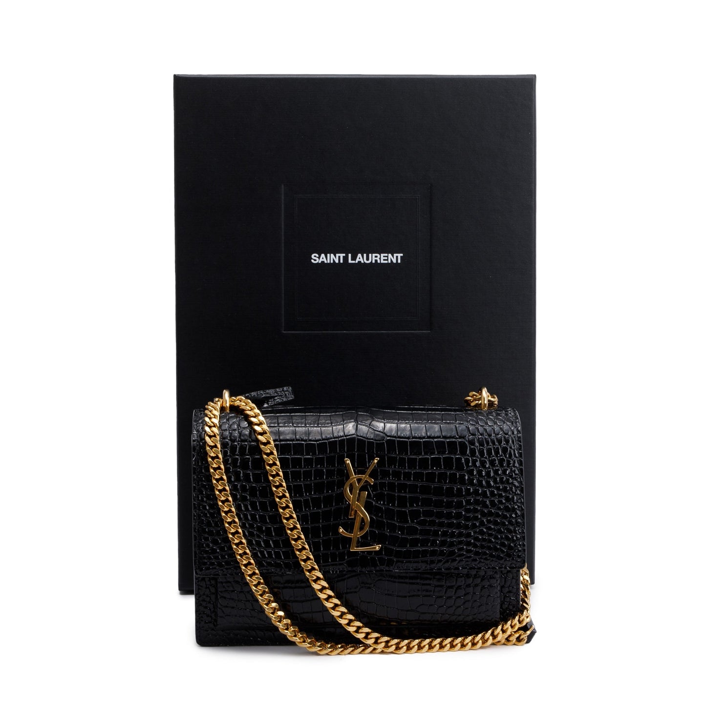 Saint Laurent 2022 Black Medium Crocodile Embossed Sunset Bag
