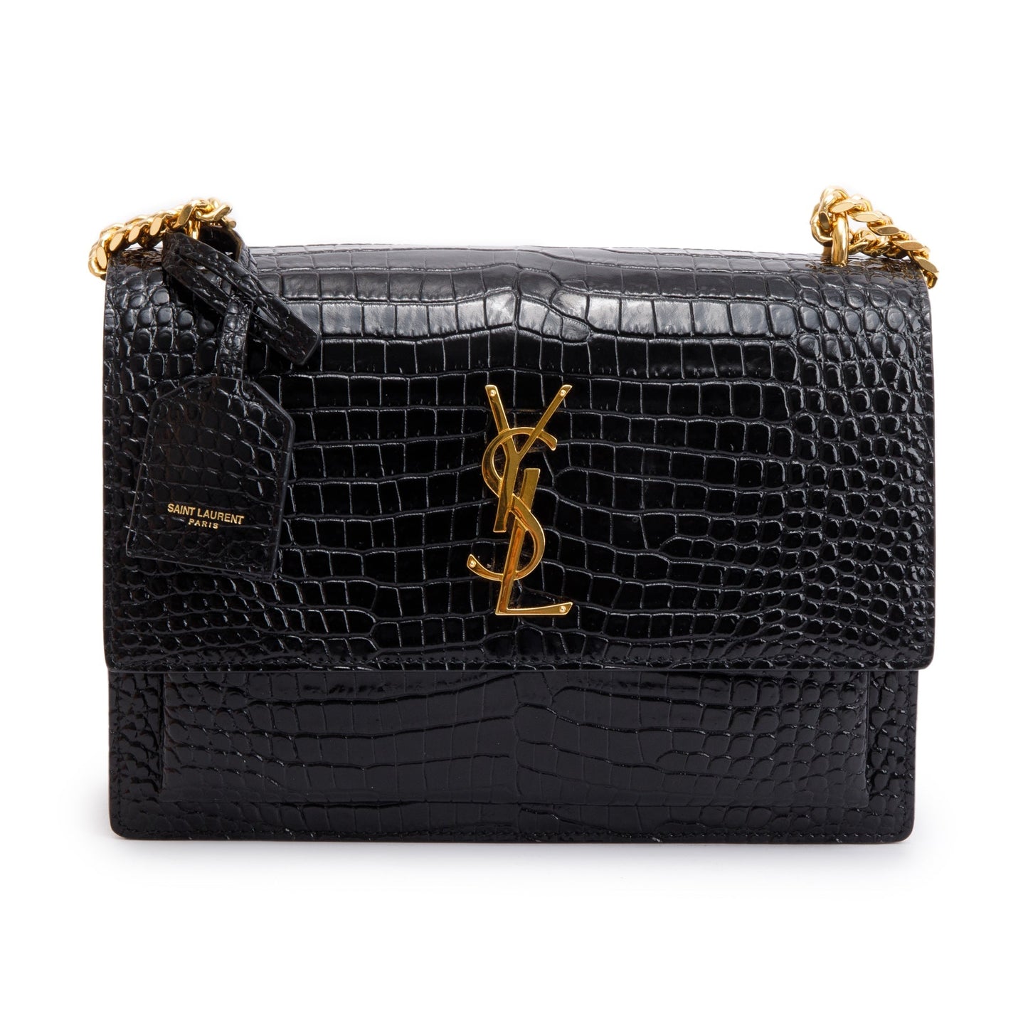 Saint Laurent 2022 Black Medium Crocodile Embossed Sunset Bag