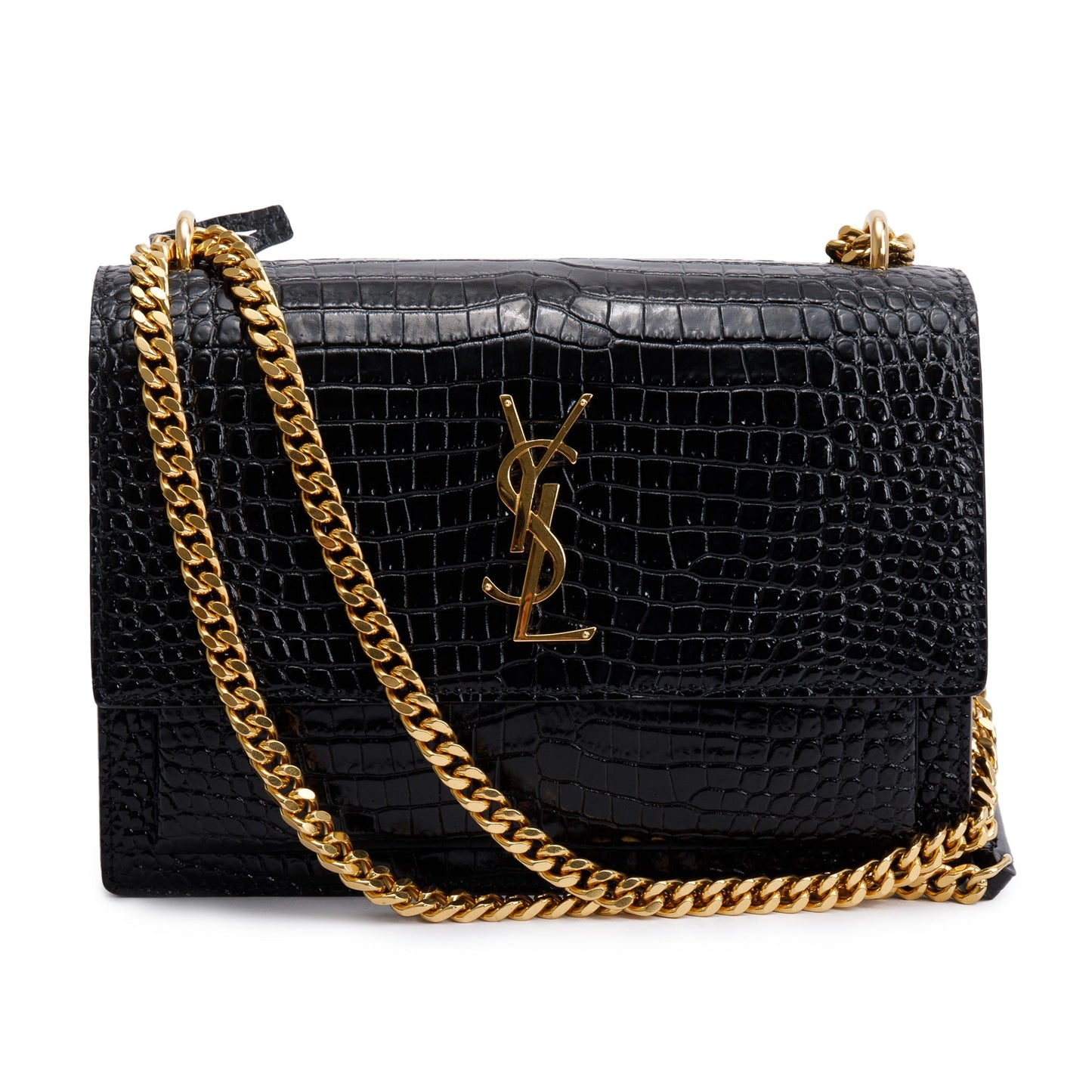 Saint Laurent 2022 Black Medium Crocodile Embossed Sunset Bag