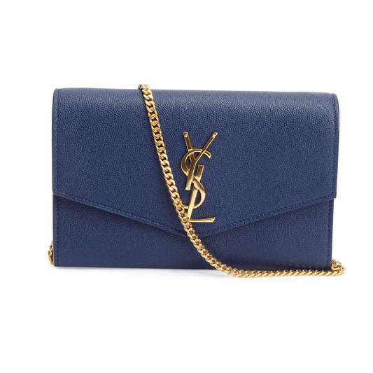 Saint Laurent 2022 Blue Grain De Poudre Leather Uptown Chain Wallet