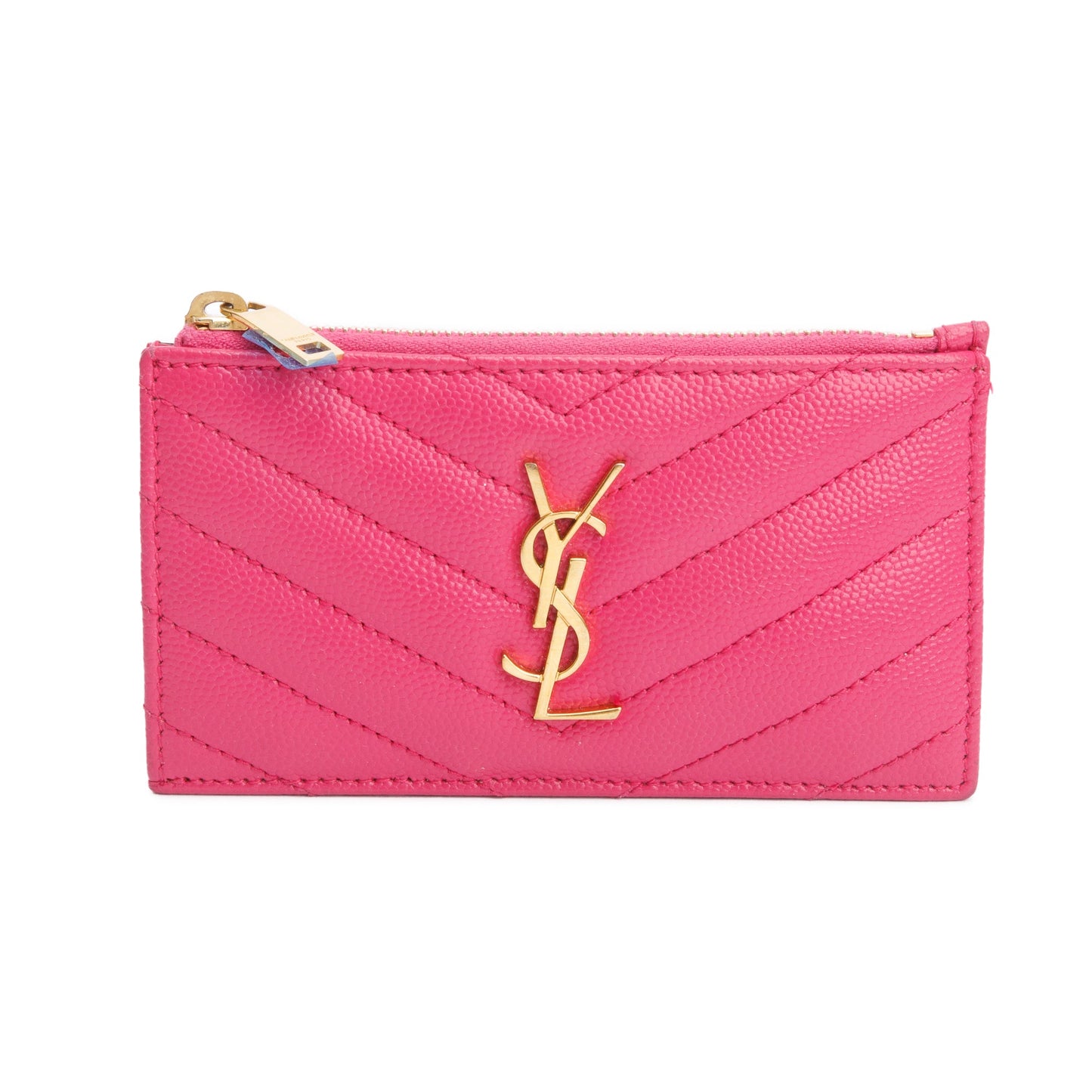 Saint Laurent 2022 Pink Grain De Poudre Leather Cassandre Matelasse Fragments Zipped Card Case