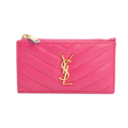 Saint Laurent 2022 Pink Grain De Poudre Leather Cassandre Matelasse Fragments Zipped Card Case