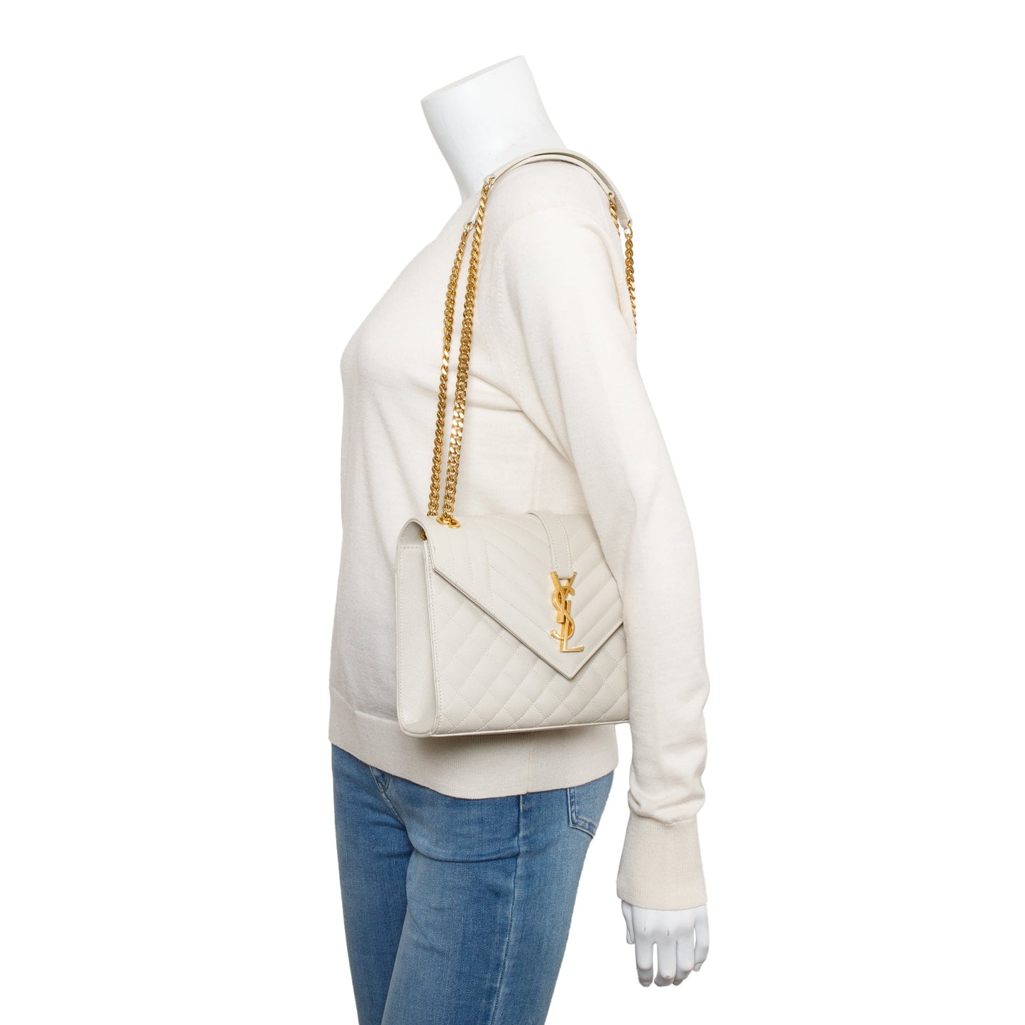 Saint Laurent 2022 White Quilted Grain De Poudre Leather Medium Envelope Chain Bag