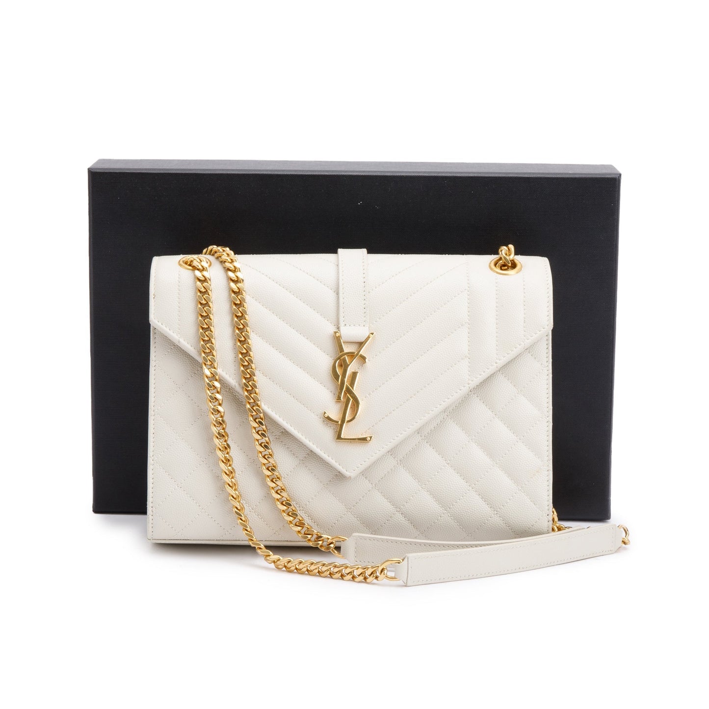Saint Laurent 2022 White Quilted Grain De Poudre Leather Medium Envelope Chain Bag