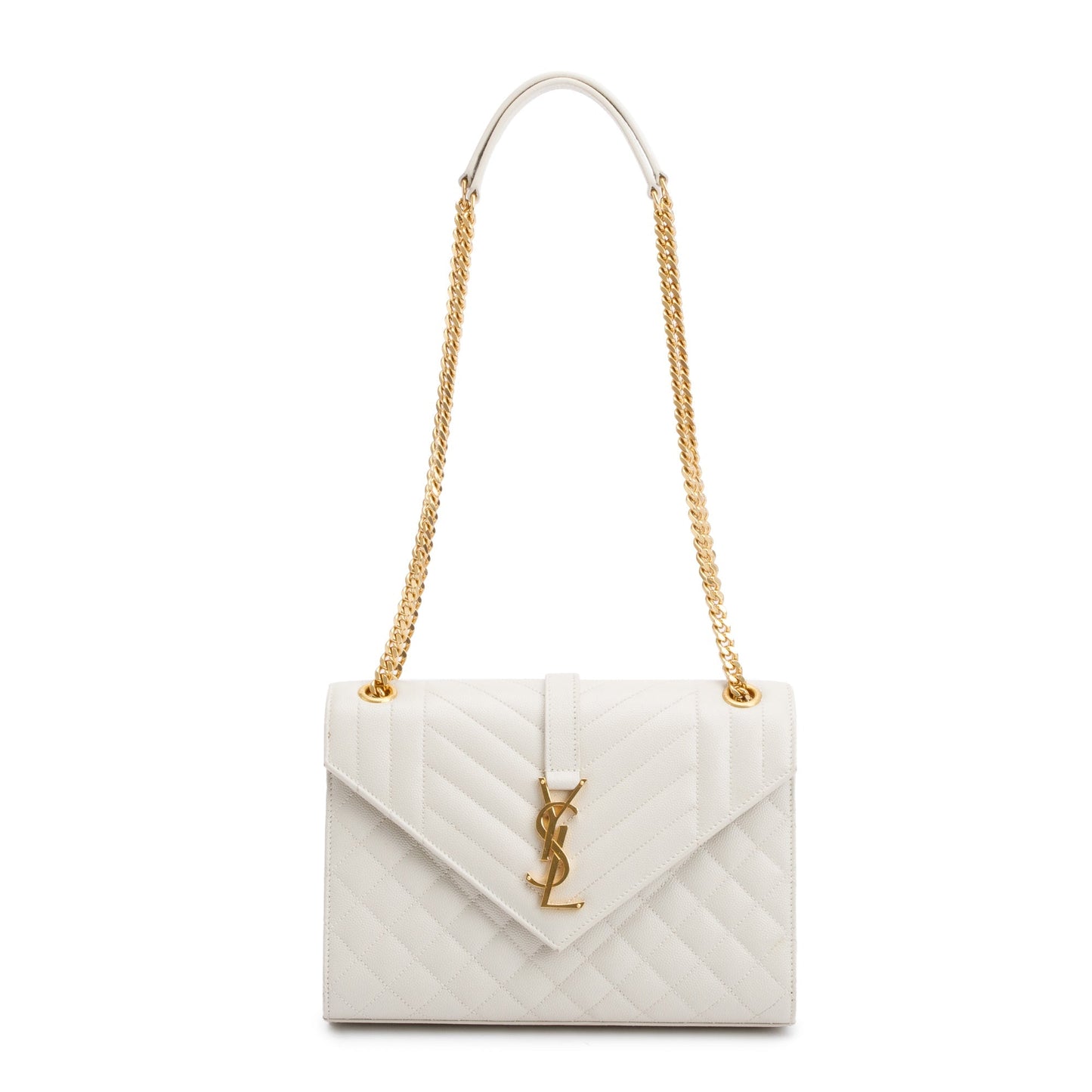 Saint Laurent 2022 White Quilted Grain De Poudre Leather Medium Envelope Chain Bag