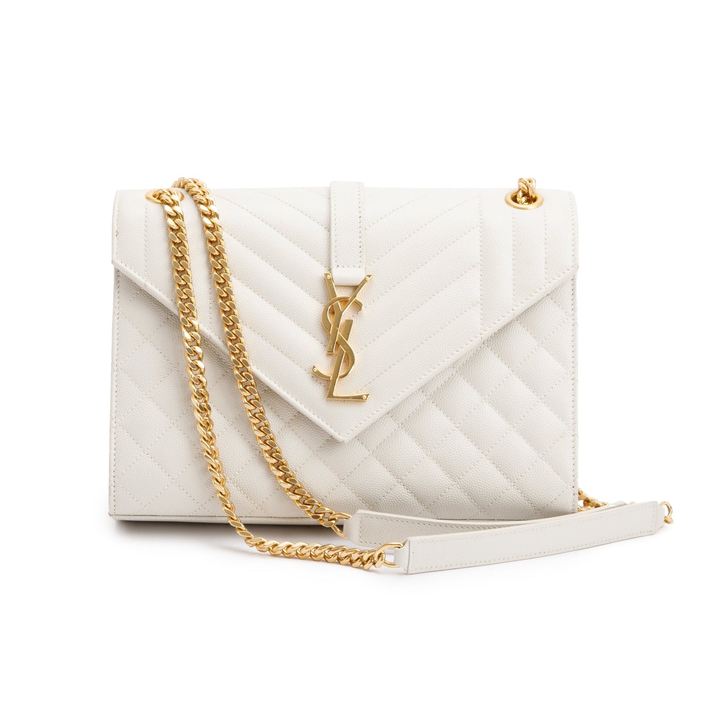Saint Laurent 2022 White Quilted Grain De Poudre Leather Medium Envelope Chain Bag
