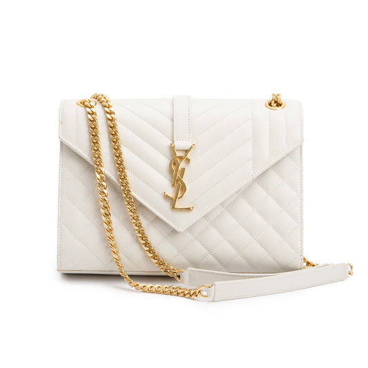Saint Laurent 2022 White Quilted Grain De Poudre Leather Medium Envelope Chain Bag