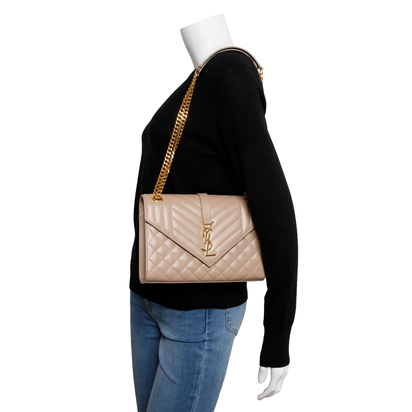 Saint Laurent 2023 Beige Grained De Poudre Medium Envelope Shoulder Bag