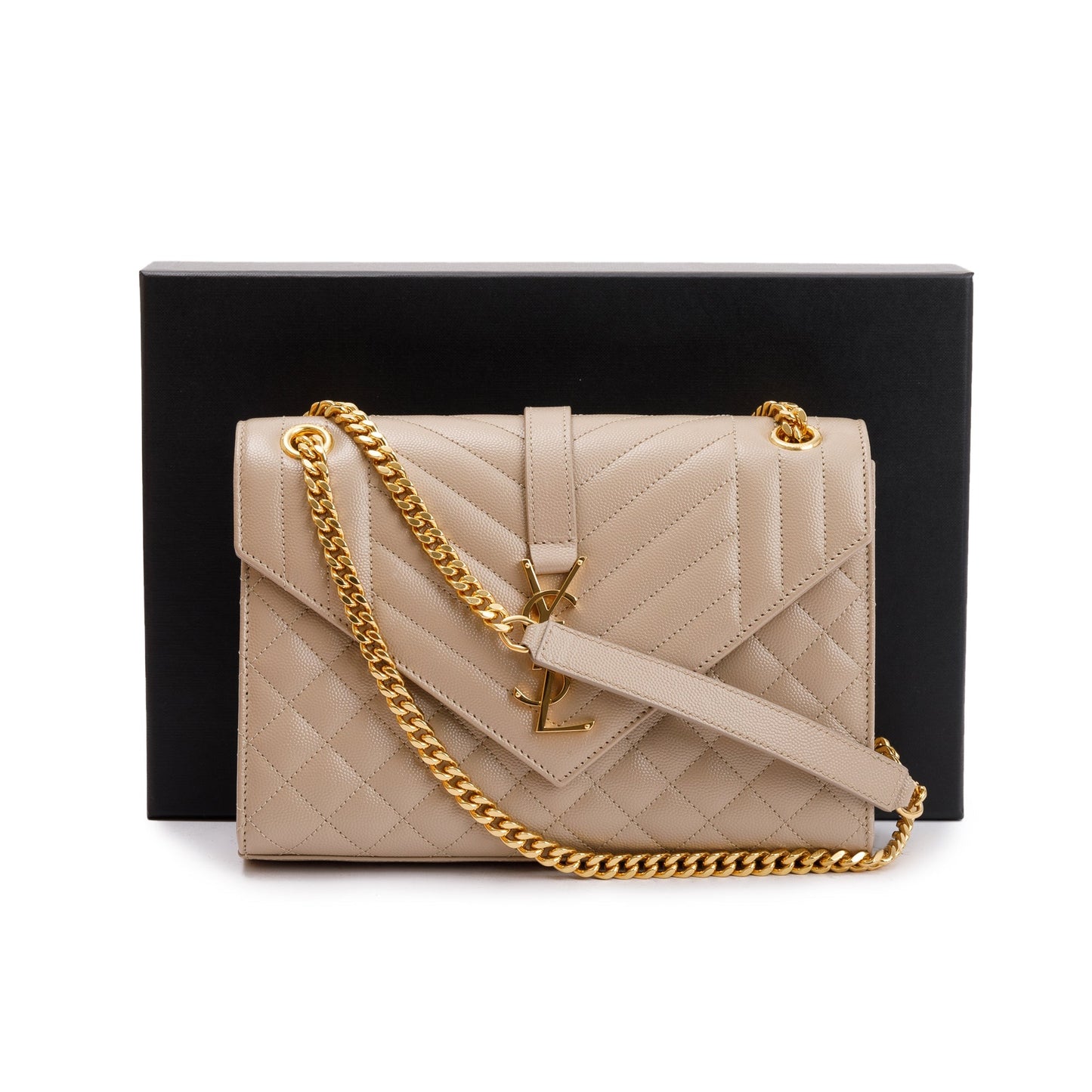 Saint Laurent 2023 Beige Grained De Poudre Medium Envelope Shoulder Bag