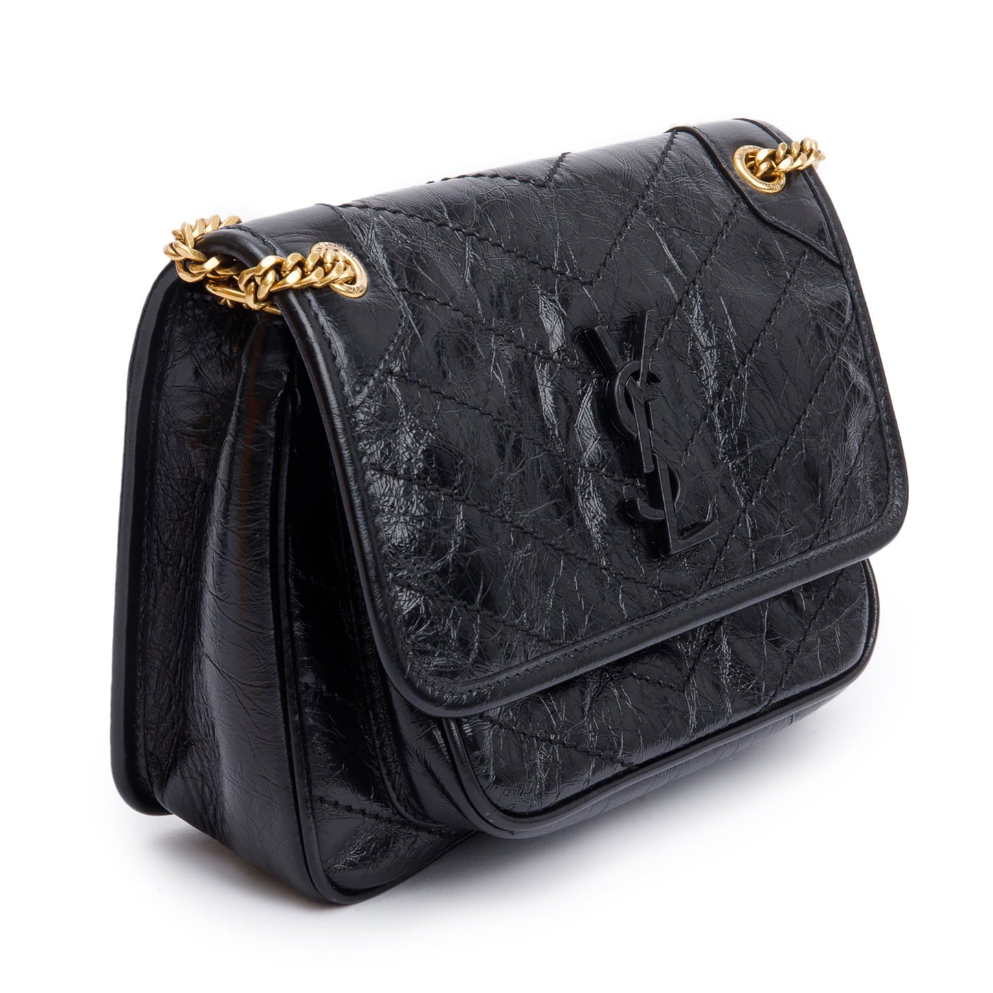 Saint Laurent 2023 Black Crinkled Calfskin Leather Baby Niki Shoulder Bag