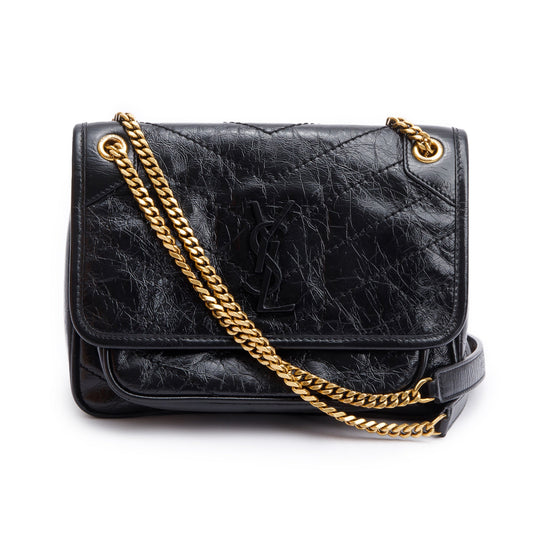 Saint Laurent 2023 Black Crinkled Calfskin Leather Baby Niki Shoulder Bag
