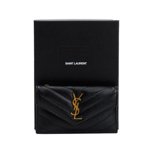 Saint Laurent 2023 Black Grain De Poudre Cassandre Matelasse Fragments Flap Card Case