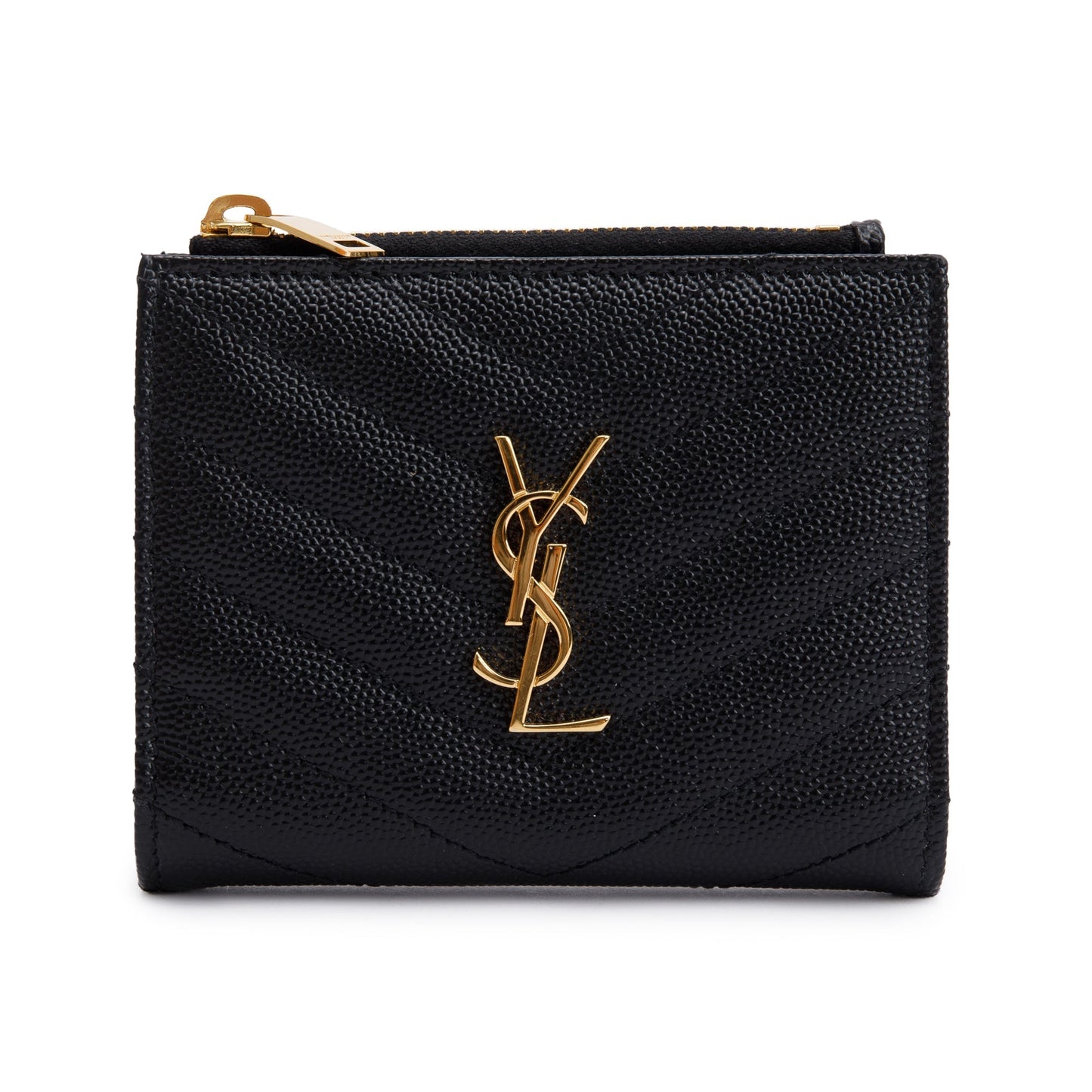 Saint Laurent 2023 Black Grain de Poudre Leather Cassandre Matelasse Bi-Fold Wallet