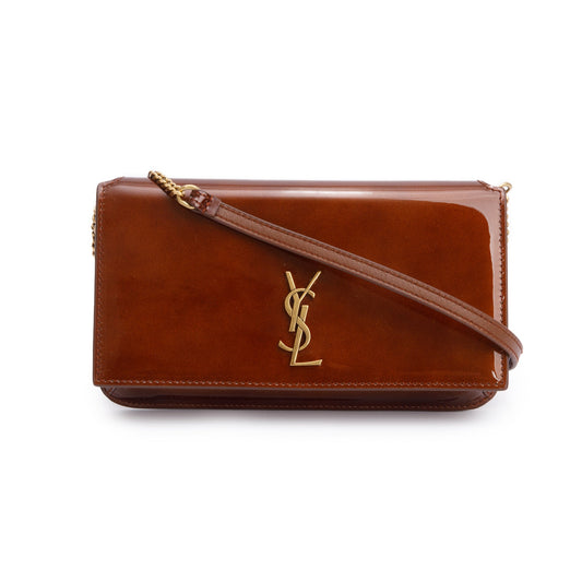 Saint Laurent 2024 Brown Patent Leather Cassandre Phone Holder