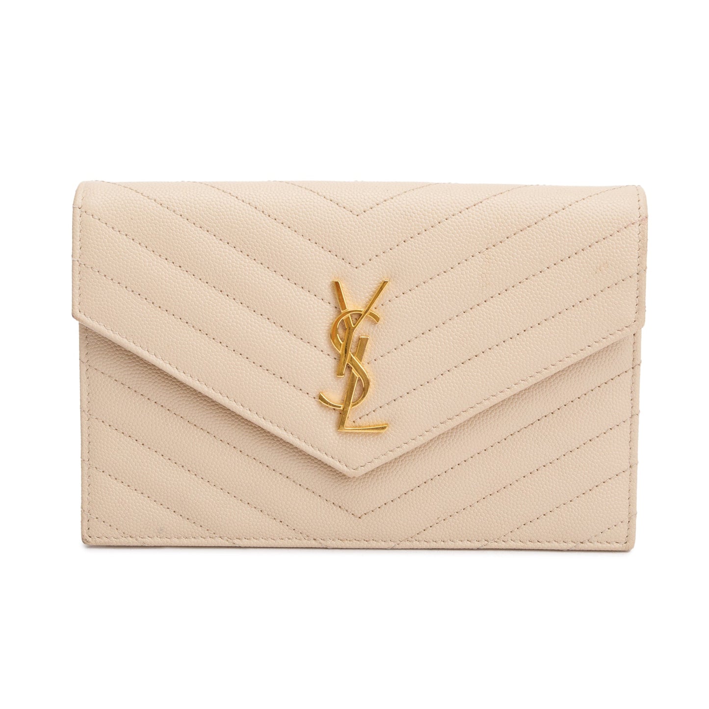 Saint Laurent Beige Grain De Poudre Leather Cassandre Envelope Chain Wallet